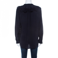 Chloe Navy Blue Silk and Lace Button Front Blouse S