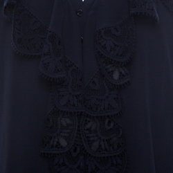 Chloe Navy Blue Silk and Lace Button Front Blouse S