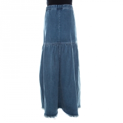 Pre Owned Chloe Indigo Light Wash Denim Embossed Detail Frayed Maxi Skirt L