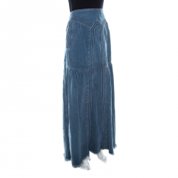 Pre Owned Chloe Indigo Light Wash Denim Embossed Detail Frayed Maxi Skirt L