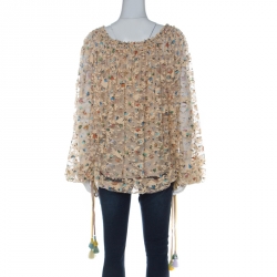 Pre Owned Chloe Beige Floral Print Tassel Detail Lace Blouse M