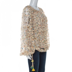 Pre Owned Chloe Beige Floral Print Tassel Detail Lace Blouse M