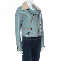 Pre Owned Chloe Blue Leather and Shearling Biker Jacket M