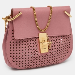Pre Owned Chloe Pink Perforated Leather Medium Drew Shoulder Bag