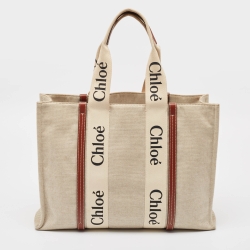 Chloe Beige/Brown Canvas and Leather Large Woody Tote
