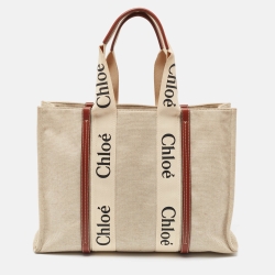 Chloe Beige/Brown Canvas and Leather Large Woody Tote