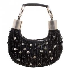 Pre Owned Chloe Black Satin Beads Embellished Hobo