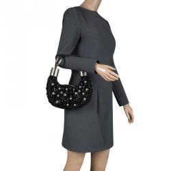 Pre Owned Chloe Black Satin Beads Embellished Hobo