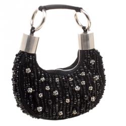 Pre Owned Chloe Black Satin Beads Embellished Hobo