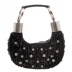 Pre Owned Chloe Black Satin Beads Embellished Hobo