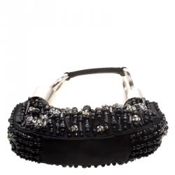 Pre Owned Chloe Black Satin Beads Embellished Hobo