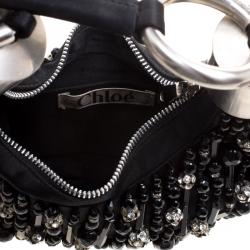 Pre Owned Chloe Black Satin Beads Embellished Hobo