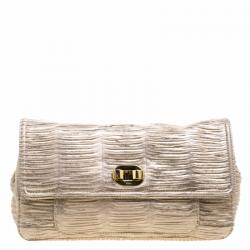 Pre Owned Chloe Metallic Beige Pleated Leather Clutch
