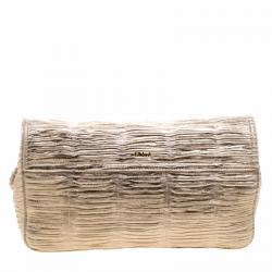 Pre Owned Chloe Metallic Beige Pleated Leather Clutch