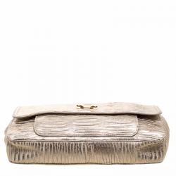 Pre Owned Chloe Metallic Beige Pleated Leather Clutch