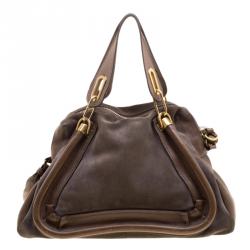 Pre Owned Chloe Dark Beige Leather and Suede Medium Paraty Shoulder Bag