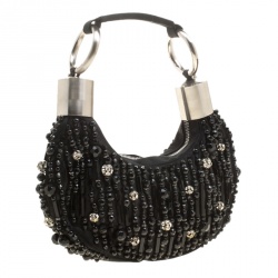 Pre Owned Chloe Black Satin Beads Embellished Hobo