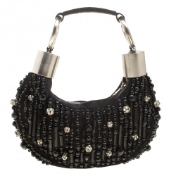 Pre Owned Chloe Black Satin Beads Embellished Hobo