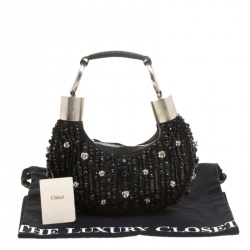 Pre Owned Chloe Black Satin Beads Embellished Hobo