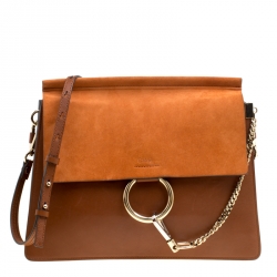 Chloe Brown/Orange Leather and Suede Faye Shoulder Bag