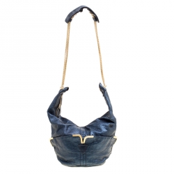 Pre Owned Chloe Metallic Blue Leather Milton Triple Chain Hobo