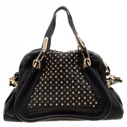 Pre Owned Chloe Black Studded Leather Medium Paraty Military Shoulder Bag 