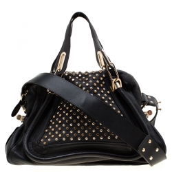 Pre Owned Chloe Black Studded Leather Medium Paraty Military Shoulder Bag 