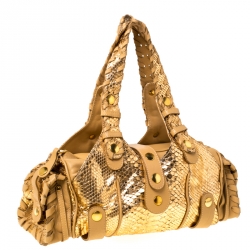 Pre Owned Chloe Gold/Beige Python and Leather Silverado Satchel