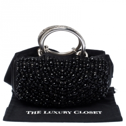 Pre Owned Chloe Black Beaded Satin Crystal Embellished Ring Handle Clutch