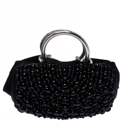 Pre Owned Chloe Black Beaded Satin Crystal Embellished Ring Handle Clutch