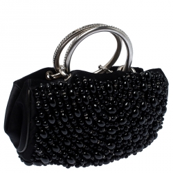 Pre Owned Chloe Black Beaded Satin Crystal Embellished Ring Handle Clutch