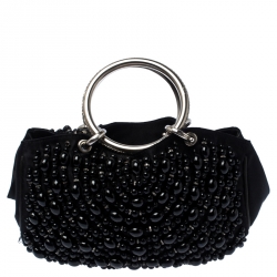 Pre Owned Chloe Black Beaded Satin Crystal Embellished Ring Handle Clutch