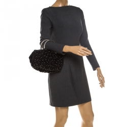 Pre Owned Chloe Black Beaded Satin Crystal Embellished Ring Handle Clutch