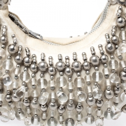 Chloe Off White Canvas Beaded Embellished Crescent Hobo