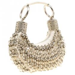 Pre Owned Chloe Off White Canvas Bead Embellished Crescent Hobo Bag