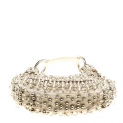 Pre Owned Chloe Off White Canvas Bead Embellished Crescent Hobo Bag