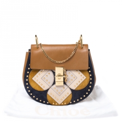 Pre Owned Chloe Caramel Leather Medium Drew Studded Patchwork Shoulder Bag