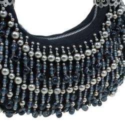 Chloe Black and Silver Beaded Fabric Crescent Hobo