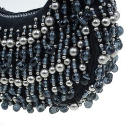 Chloe Black and Silver Beaded Fabric Crescent Hobo