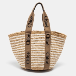 مملوكة مسبقًا Chloe Beige/White Raffia Large Woody Tote