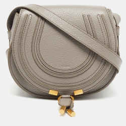 Chloe Taupe Grained Calfskin Leather Marcie Medium Saddle Bag