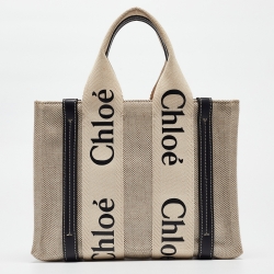 Chloe Beige/Black Canvas and Leather Small Woody Tote