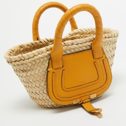 Pre Owned Chloe Yellow/Natural Raffia and Leather Mini Marcie Basket Bag