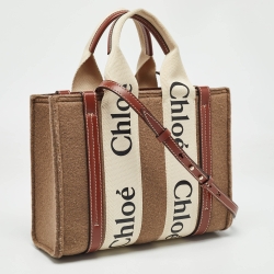 مملوكة مسبقًا Chloe Brown/Beige Wool and Leather Small Woody Tote