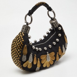 Pre Owned Chloe Black Canvas Metal Embellished Crescent Hobo