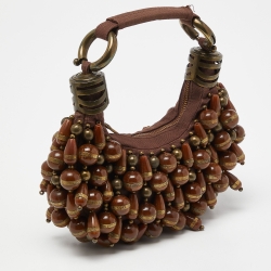 Pre Owned Chloe Brown Canvas Beads Embellished Hobo
