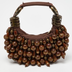 Pre Owned Chloe Brown Canvas Beads Embellished Hobo