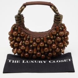 Pre Owned Chloe Brown Canvas Beads Embellished Hobo