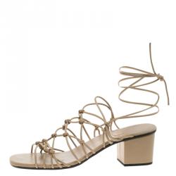 Pre Owned Chloe Beige Knotted Leather Block Heel Ankle Wrap Sandals Size 39.5