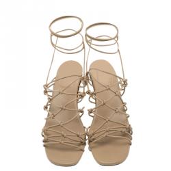 Pre Owned Chloe Beige Knotted Leather Block Heel Ankle Wrap Sandals Size 39.5